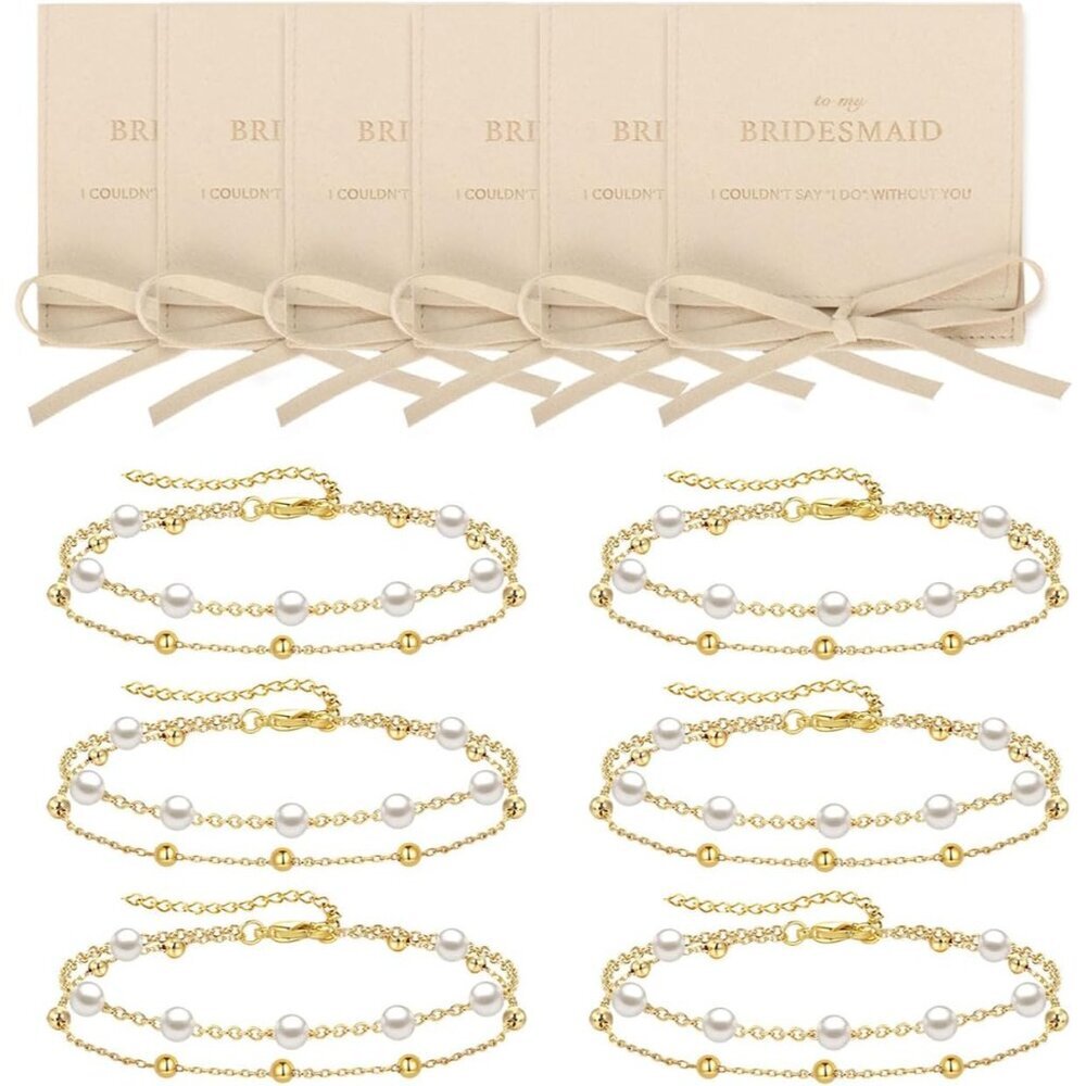 Gold Pearl Bridesmaid Bracelets Set with Leather Bag 18K Gold Layered Elegant Je